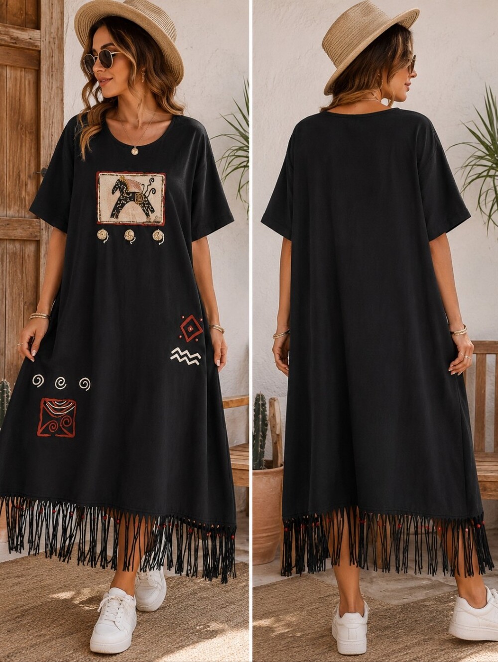Cover Charge Hand Painted Safari Beaded Fringe Oversized Tunic Dress Boho